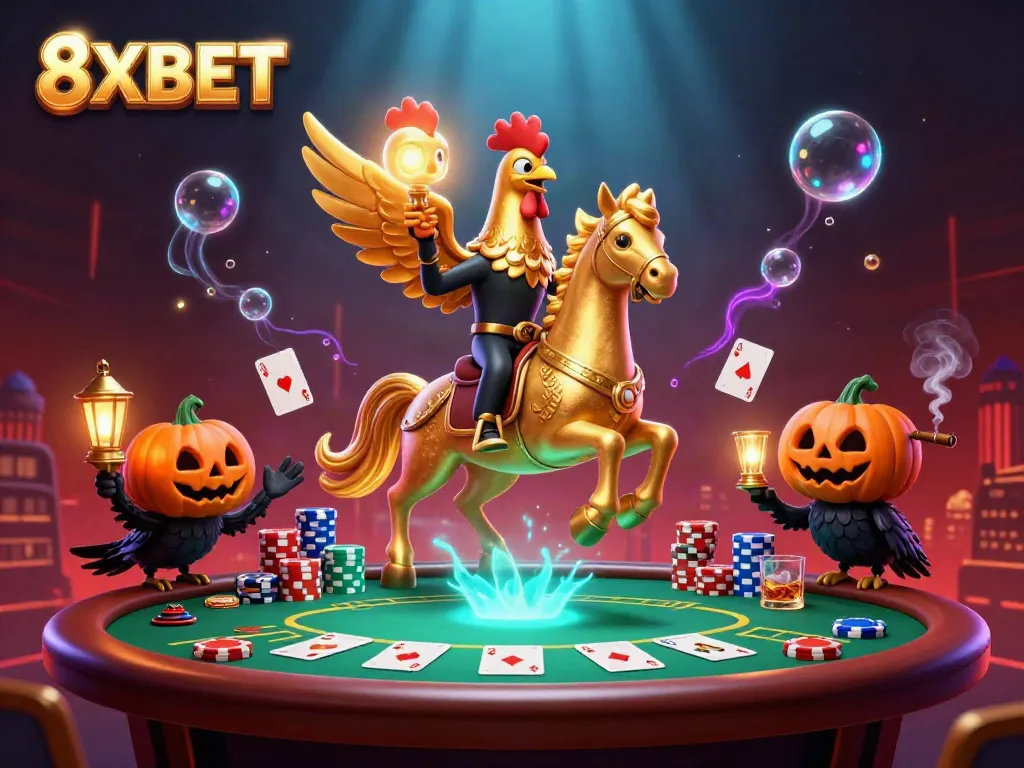 Engage with 8XBET's vibrant casino atmosphere featuring a golden rooster and poker elements.