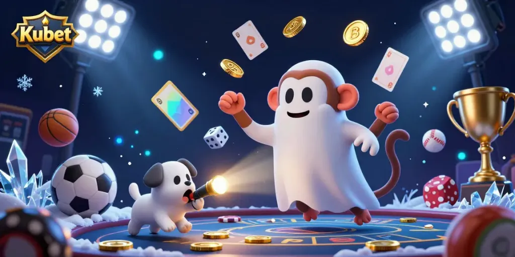 Experience the magic of Kubet with a playful poltergeist monkey and a curious puppy in a haunted casino scene.