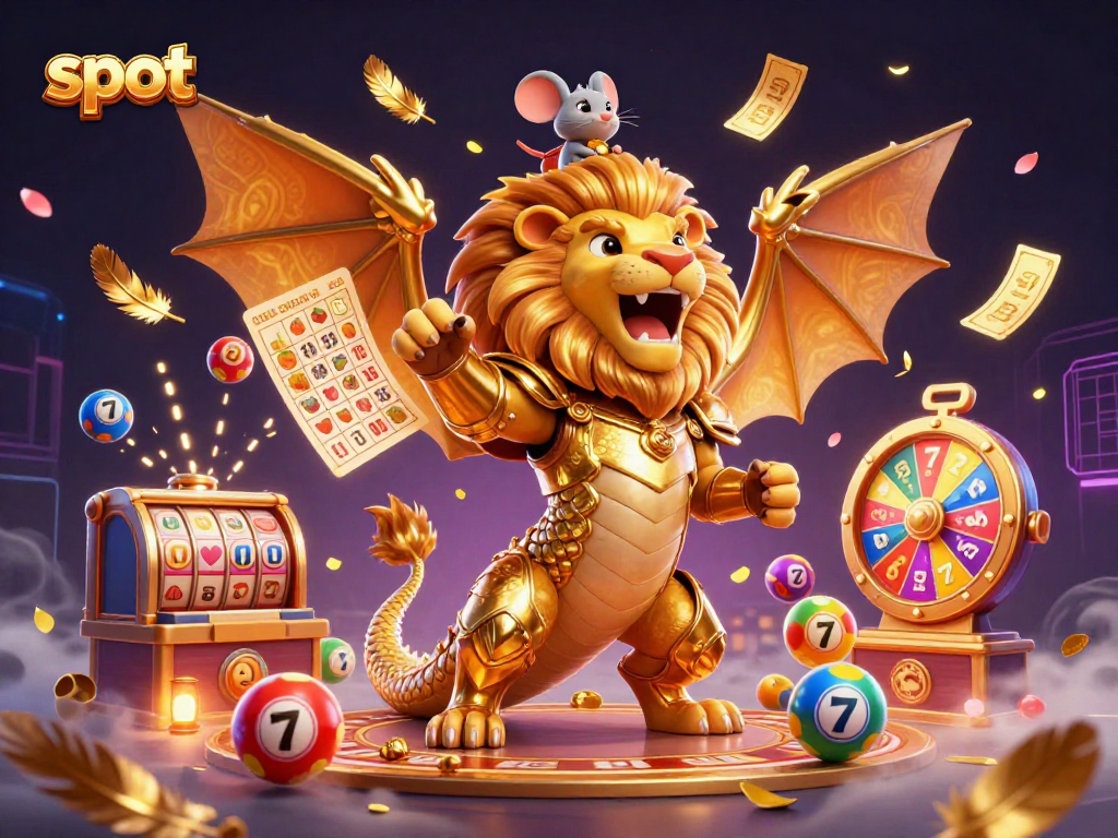 Experience thrilling slot action with a golden chimera and dynamic game elements in a vibrant casino scene.