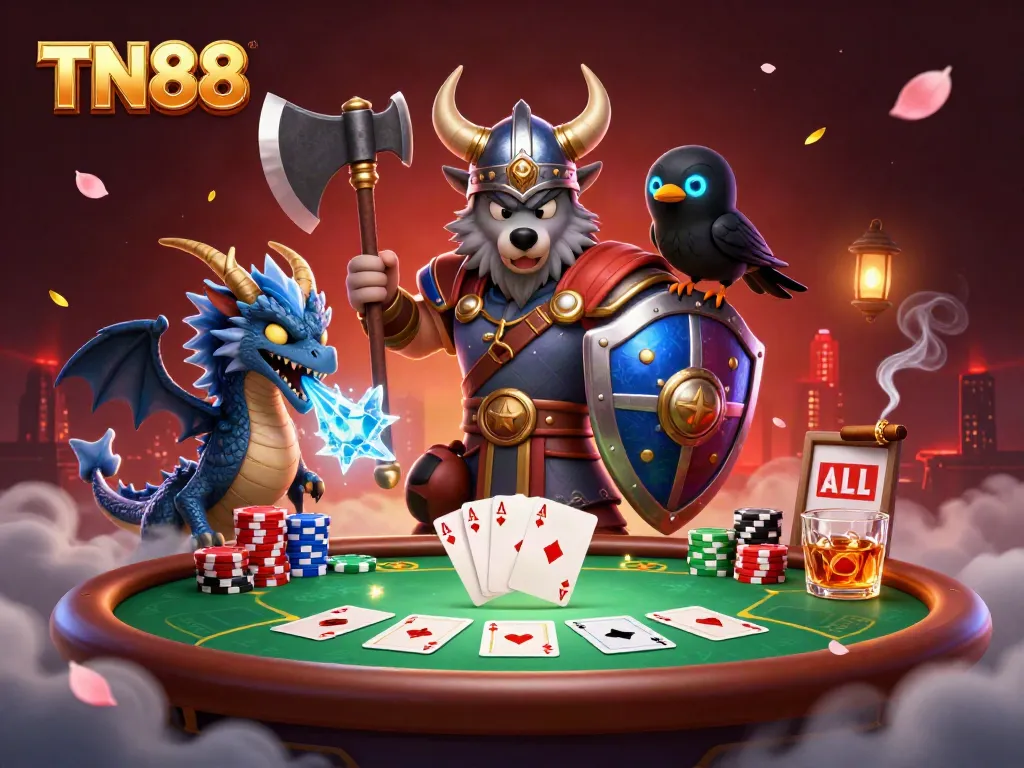 Engaging TN88 casino illustration featuring a Viking wolf warrior and dragon at a poker table.
