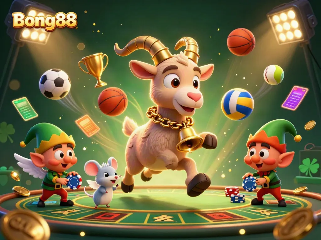 Experience thrilling gameplay at Bong88 with festive casino characters in a dynamic gambling scene.