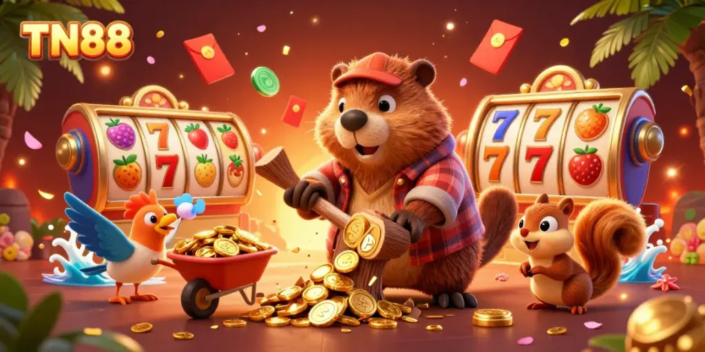 Engage with TN88 as a 3D cartoon beaver spins golden coins in a lively casino environment.