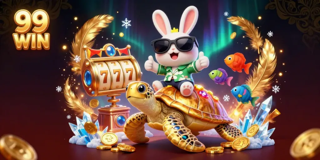 Experience the thrill of 99 WIN with our unique cartoon scene featuring a lucky rabbit and turtle among a vibrant casino atmosphere.