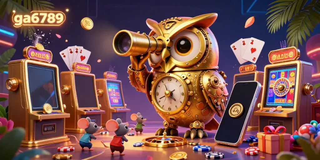 Experience the excitement of ga6789 casino with a dynamic scene featuring a golden owl and lively mouse patrons amidst slot machines.