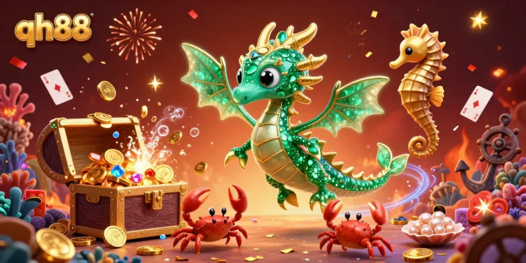 Engage with the vibrant qh88 casino experience featuring a floating emerald sea dragon and treasure elements.