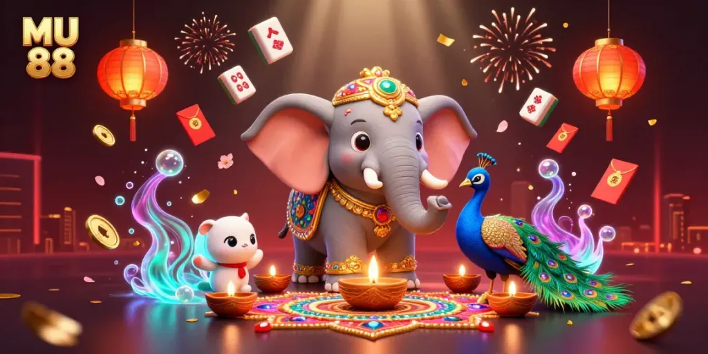 Experience the vibrant energy of MU 88 with dynamic casino-themed art featuring majestic characters and glowing elements.