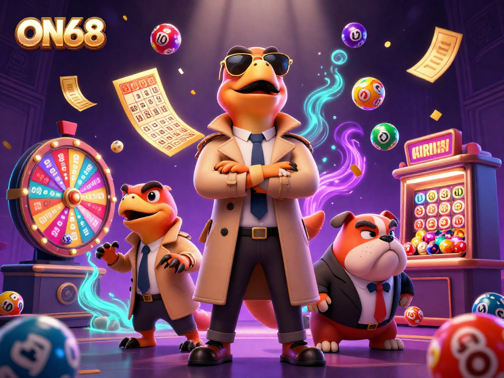 Experience thrilling fun at ON68's VIP casino as raptors sneak in, surrounded by vibrant game elements.
