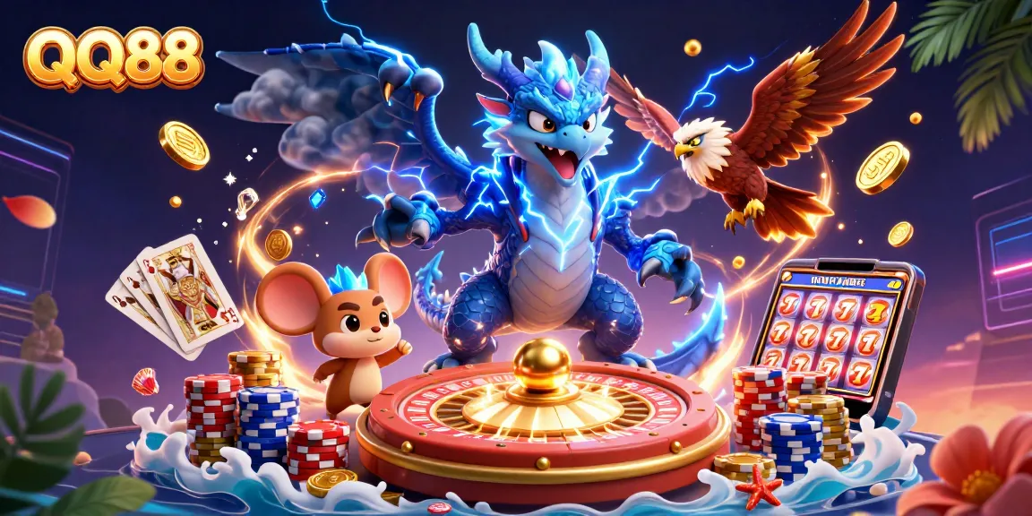 Experience thrilling gameplay at QQ88 with an electrifying dragon, hawk, and coins cascading!