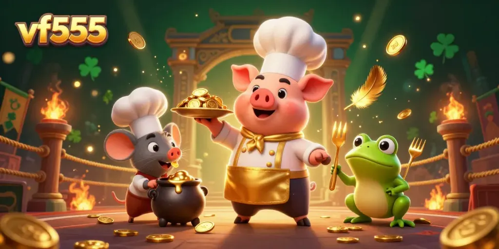 Engage with vf555's dynamic casino scene featuring a gourmet pig chef and golden coins.