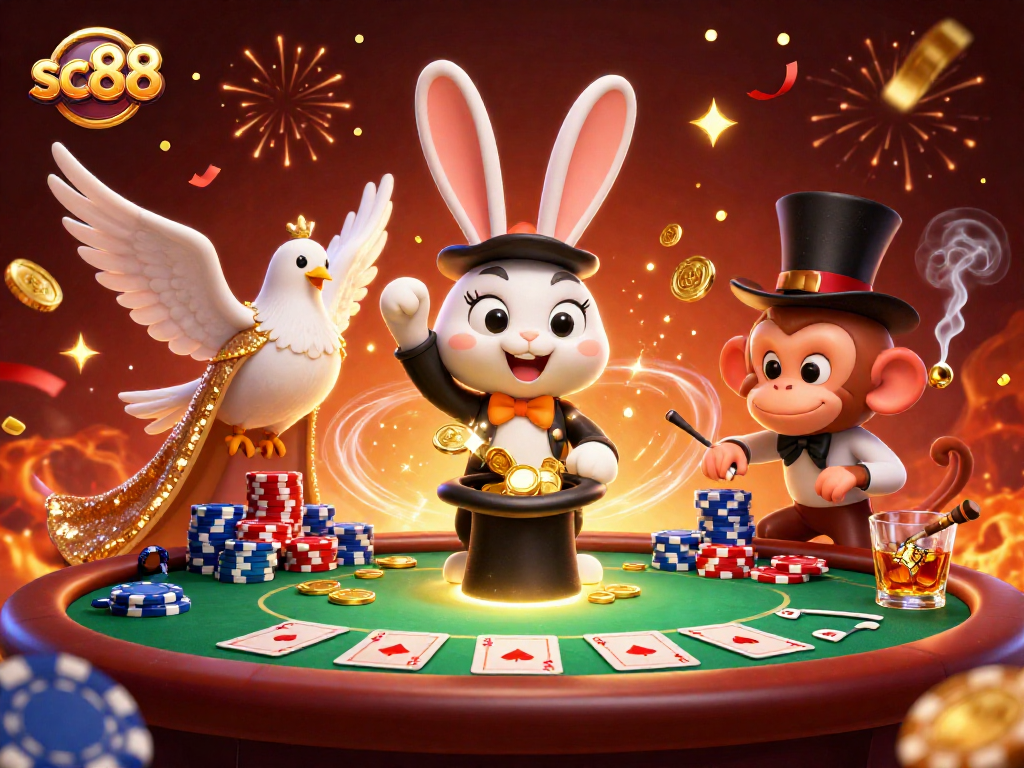 Experience the magic of sc88 with a playful scene featuring a magician rabbit and casino elements.