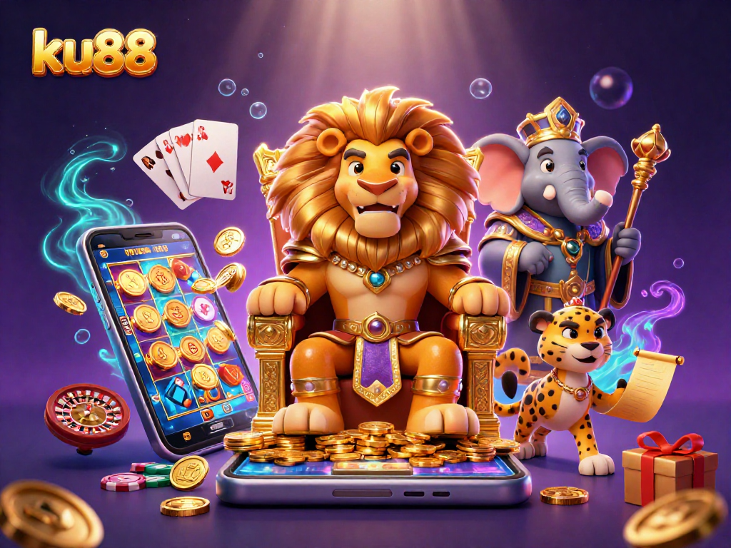 Play exciting slots with ku88, featuring an illustrated lion king in a vibrant casino scene.