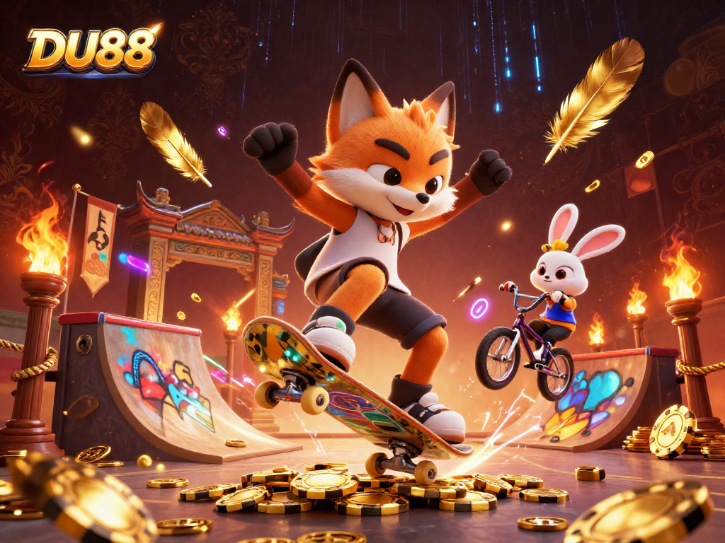 DU88 showcases an exciting scene with a skateboarder fox and BMX rabbit in a dynamic casino environment.