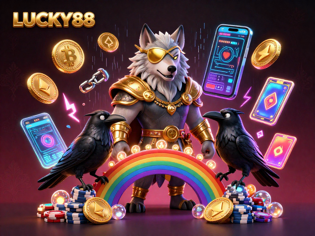Engage with LUCKY88's vibrant Norse-inspired 3D casino scene featuring Odin and ravens amidst crypto elements.