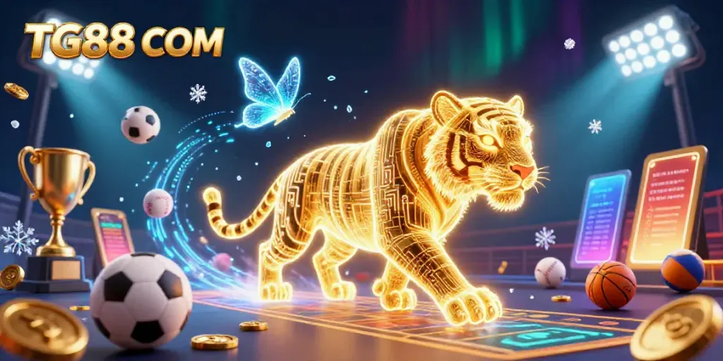 Experience the thrill of gambling with TG88 COM featuring a vibrant digital casino scene with a golden tiger and sports elements.