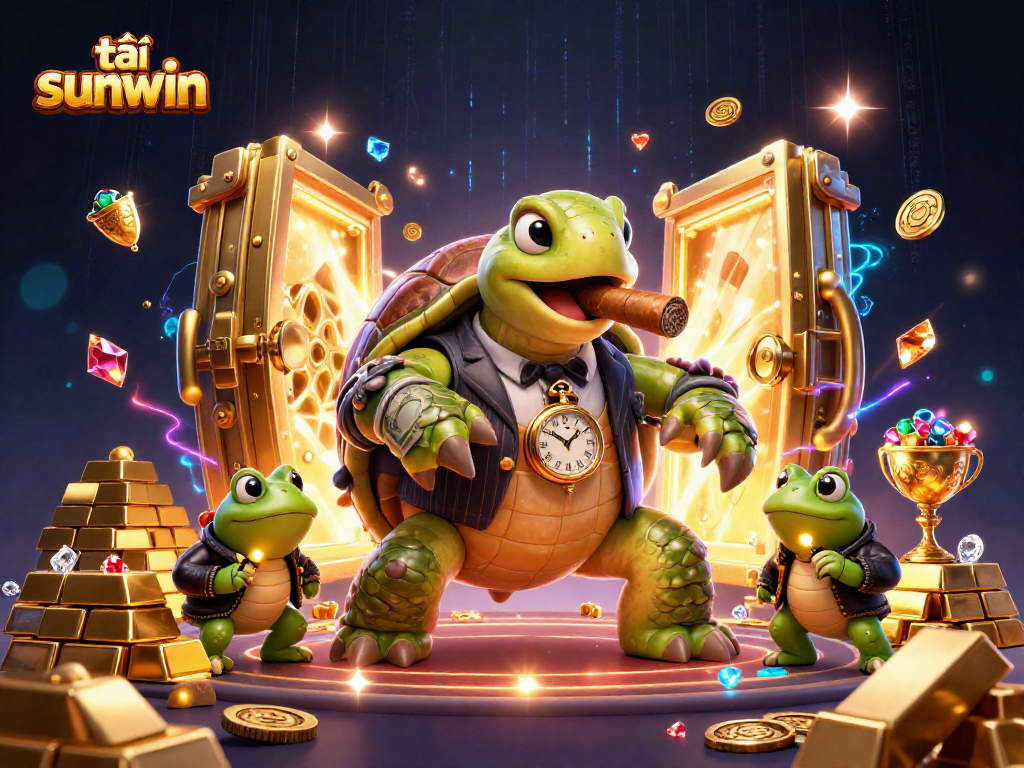 Spin the reels with tải sunwin in this vibrant 3D casino scene filled with treasures.
