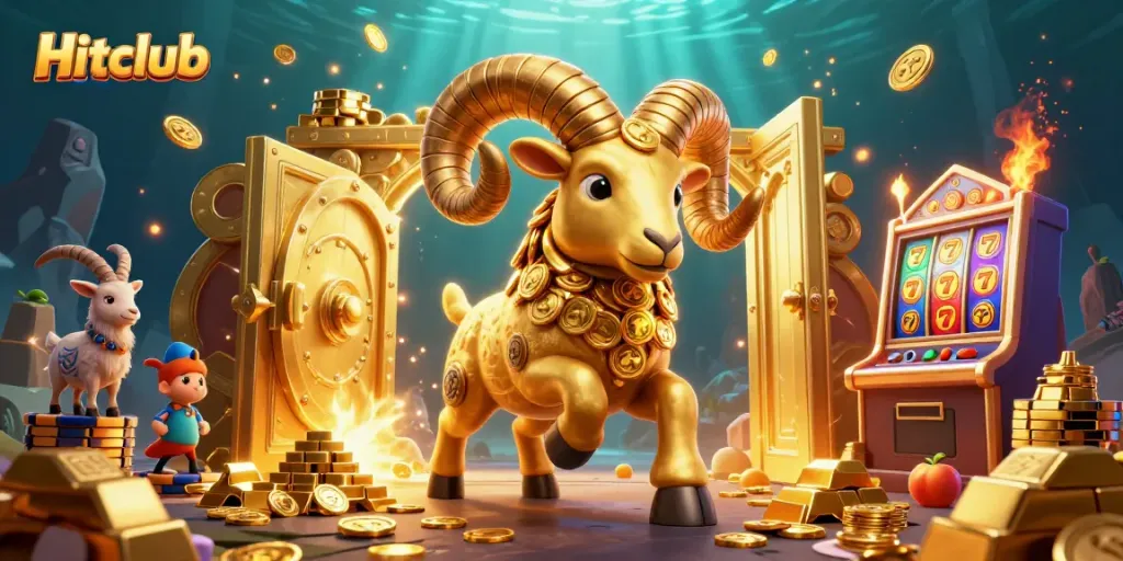 Experience the thrilling Hitclub scene with a golden ram bursting through a treasure gate surrounded by slots.