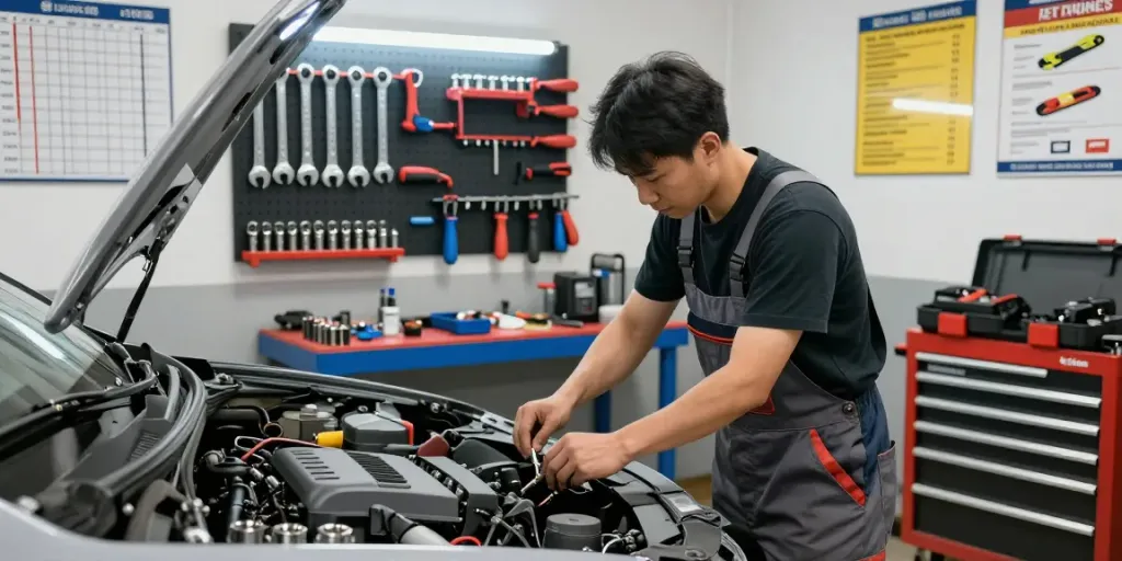 Mechanic using hazet tools to repair a car engine in a well-lit automotive workshop.