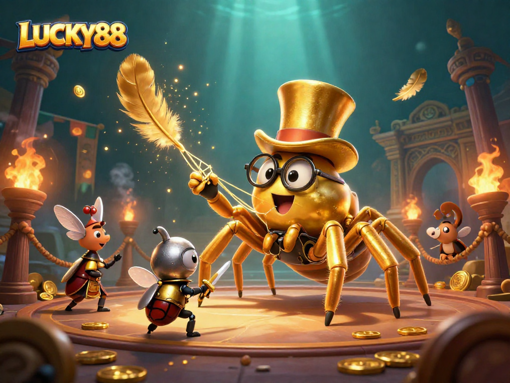 LUCKY88 showcases a vibrant casino scene with a golden tarantula and beetle knight in action.