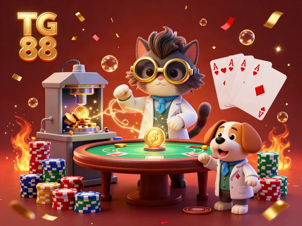 Engage with TG 88's exciting casino atmosphere as characters create gold coins amidst vibrant poker elements.