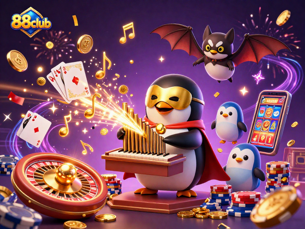 Experience the thrill of 88club with golden coins cascading and a penguin playing a pipe organ.