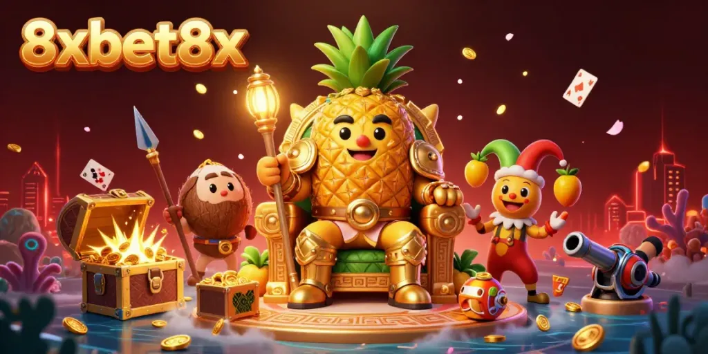 Experience the thrill of 8xbet8x with a vibrant underwater casino scene featuring a pineapple king and treasure chests.