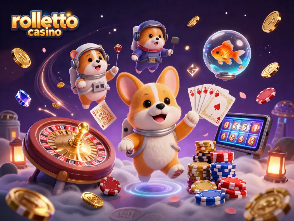 Play at Rolletto Casino with vibrant 3D elements featuring floating coins, cards, and characters.