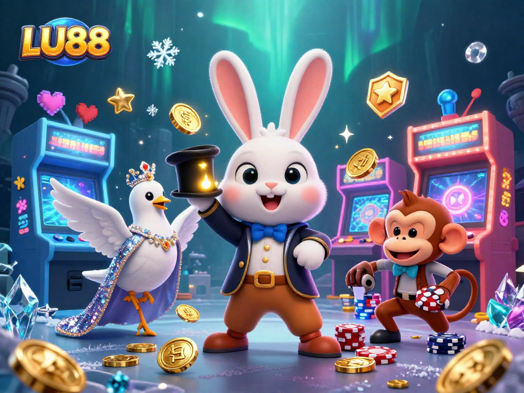 Experience LU88's thrilling magic with a 3D rabbit, dove, and monkey amid gaming excitement.