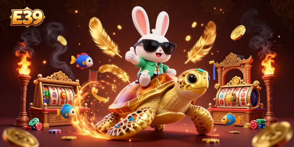 Win big with E39's vibrant casino scene featuring a lucky rabbit and golden turtle.
