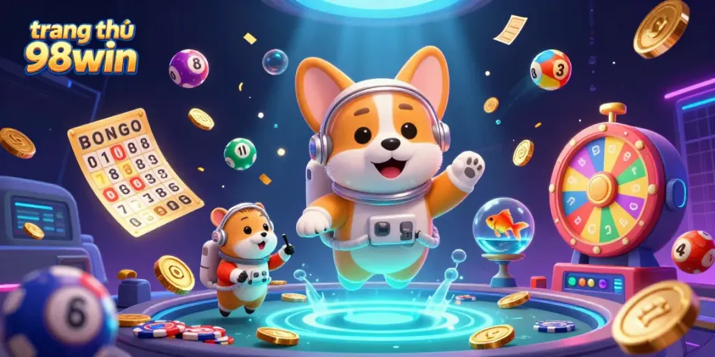 Experience the excitement on the trang chủ 98win platform with dynamic casino elements and characters floating in space.
