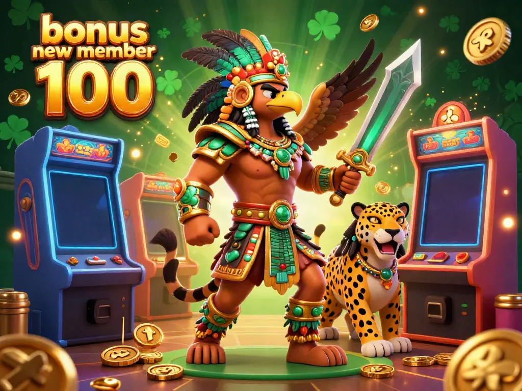 Experience thrilling wins with the bonus new member 100 slots, featuring an Aztec warrior and exciting gaming elements.