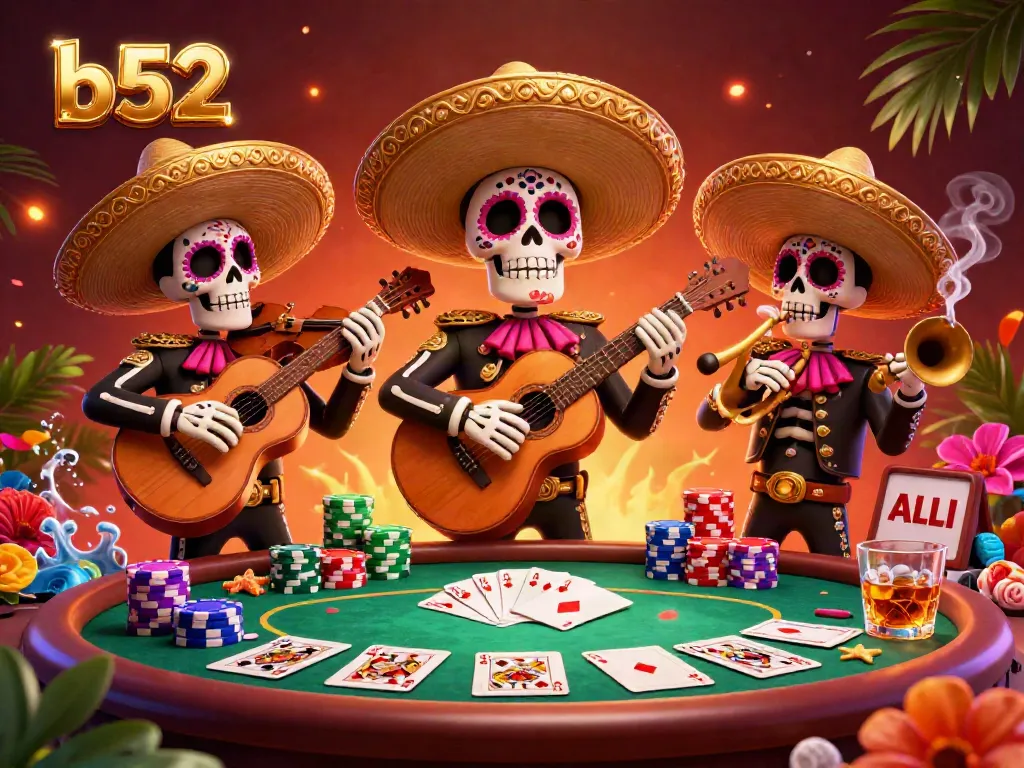 Experience the thrilling b52 poker scene with a lively mariachi band amidst vibrant casino elements.