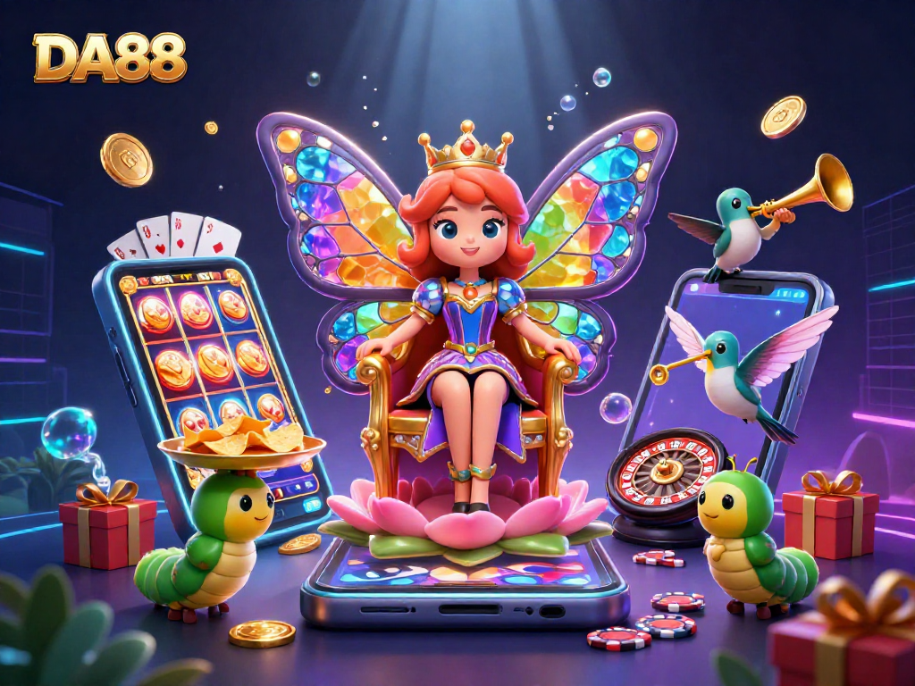DA88 enhances slot gaming with a vibrant butterfly queen and dynamic casino elements.
