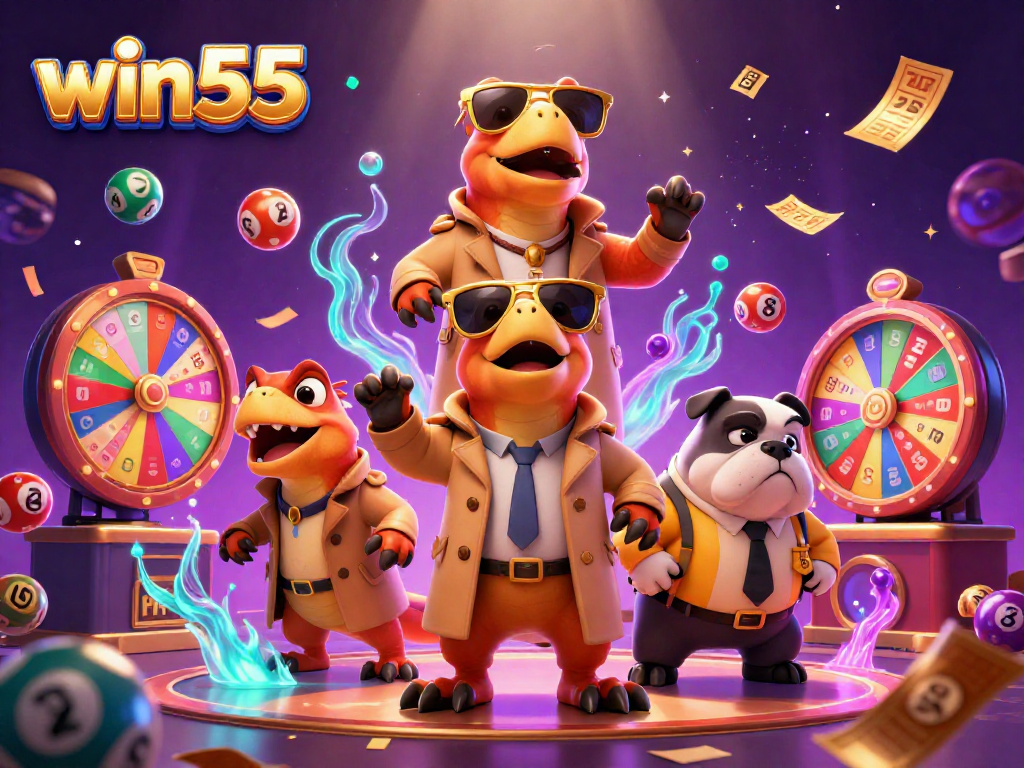 win555 cartoon raptors attempting to jam into a VIP casino scene with vibrant lottery elements