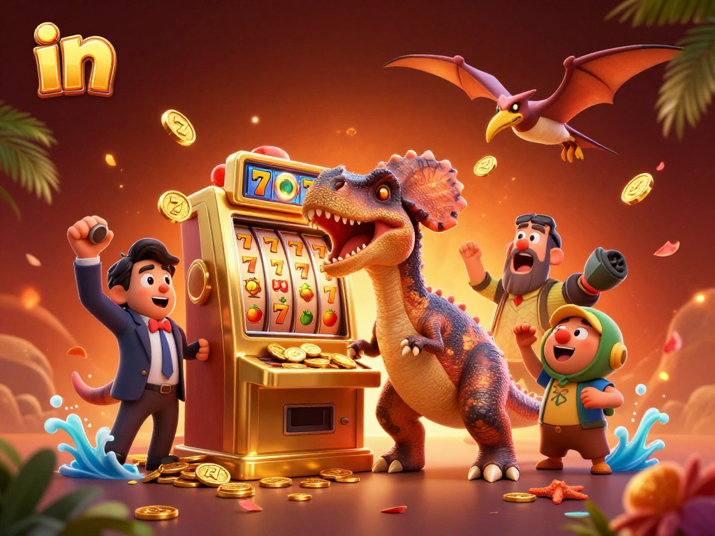Celebrate in a vibrant casino scene as a pachycephalosaurus interacts with a golden slot machine.