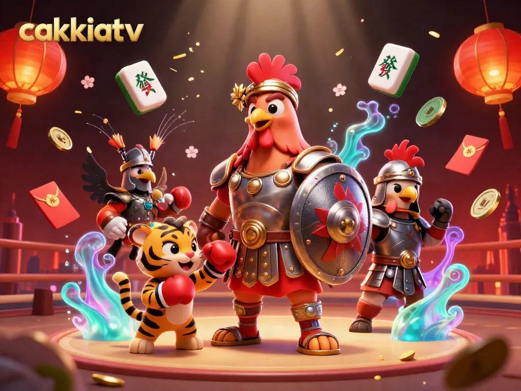 Engage with Cakhiatv's thrilling gameplay featuring a gladiator chicken and lively casino elements around them.