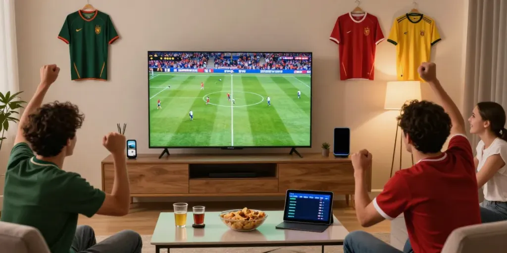 Socolive viewers enjoying a live soccer match in a vibrant living room.