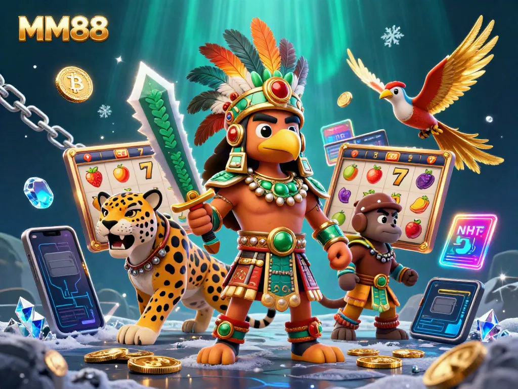 Experience thrilling MM88 slots with Aztec warriors and vibrant slot symbols in a dynamic casino illustration.