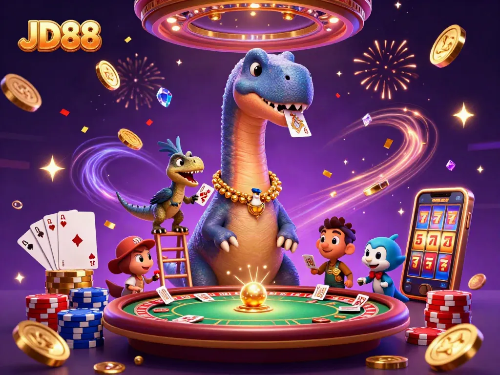 JD88 players enjoy the excitement of casino gaming with vibrant 3D illustration showcasing iconic elements.