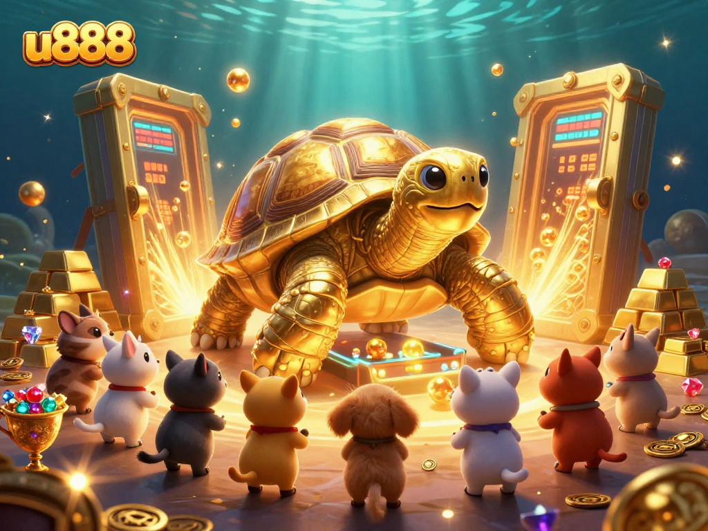 Engage with u888's vibrant gaming realm featuring a colossal golden tortoise and scattered treasures.