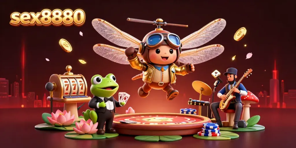 Experience the excitement at sex8880, where a lively dragonfly pilot and frog dealer bring casino action to life.