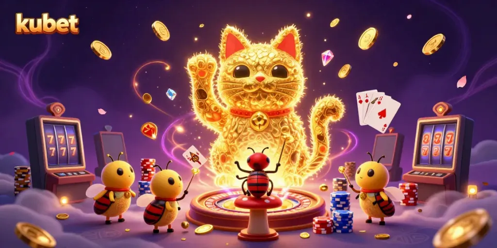 Engage with kubet's vibrant casino symbols enhanced by a giant lucky cat surrounded by gleaming coins and cards.