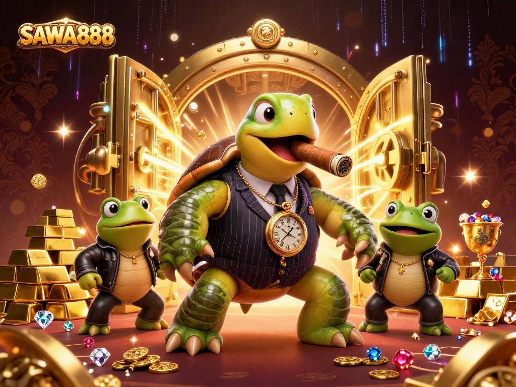 SAWA888 captures the excitement of slots with lively characters and a treasure-filled casino atmosphere.