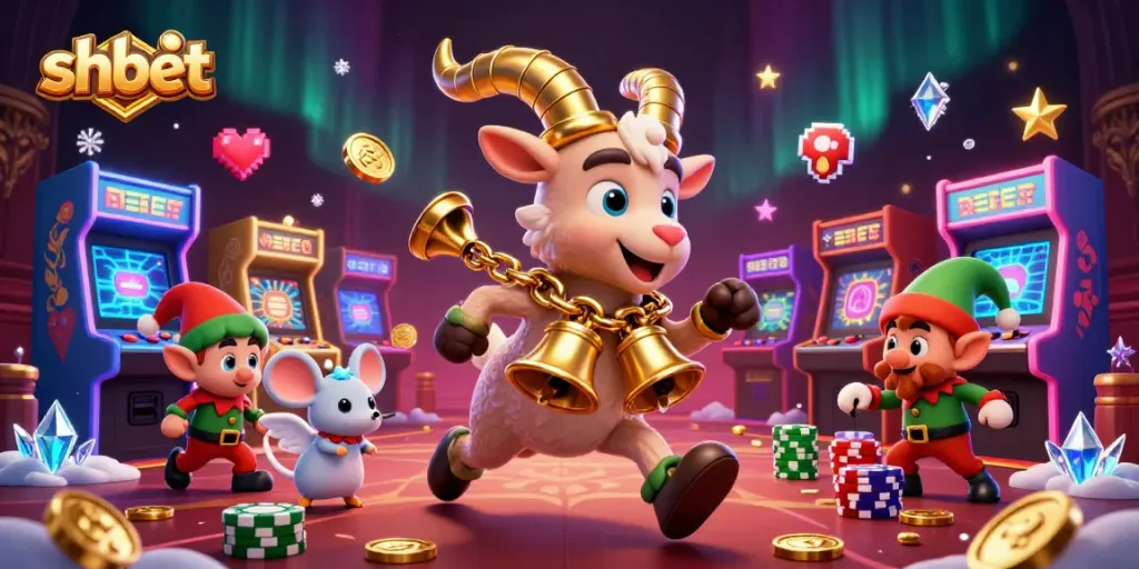 Engage with shbet in a lively casino scene featuring a Krampus goat and playful elf gremlins.
