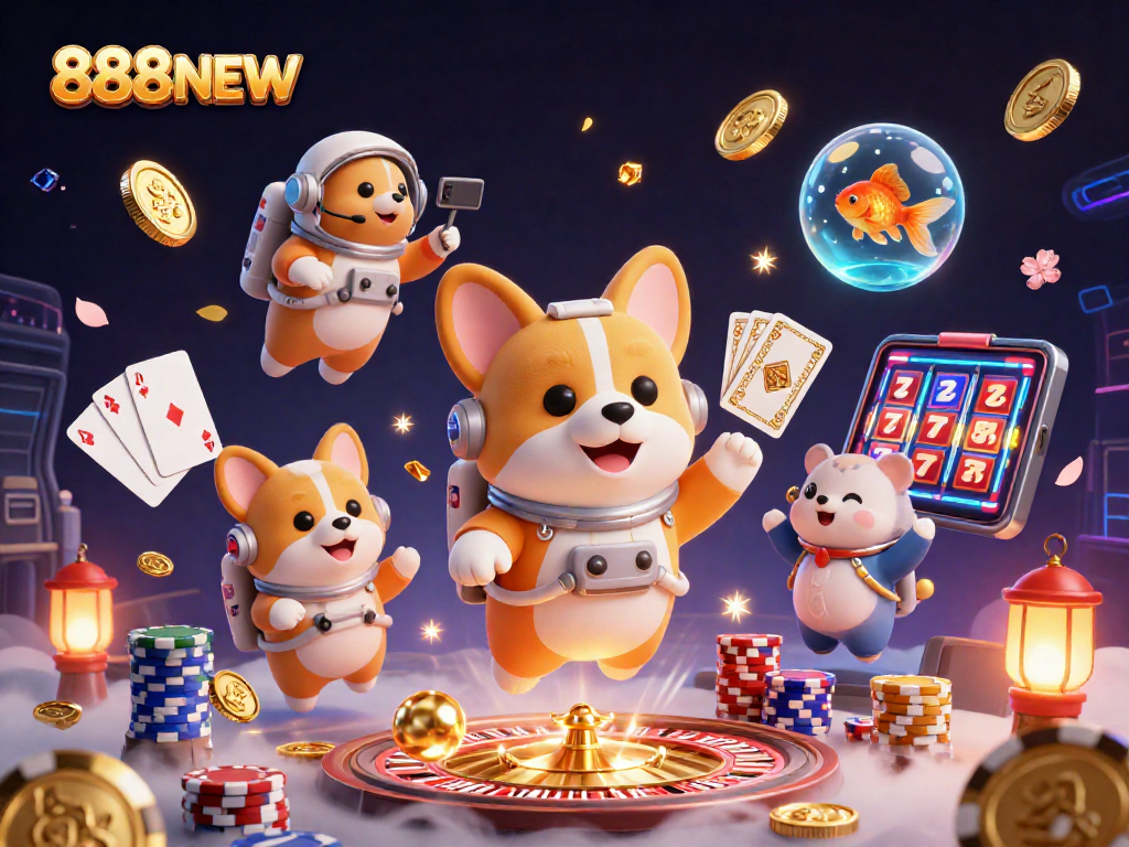 Engage in thrilling adventures with the 888NEW space casino featuring a cartoon astronaut corgi, hamster, and goldfish.