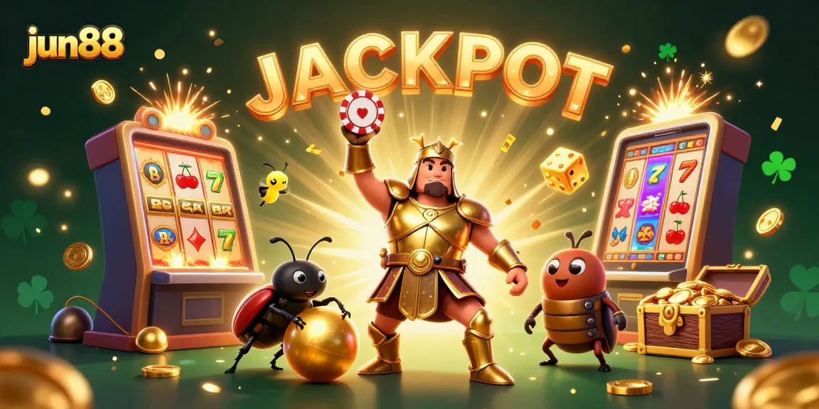 Win big with jun88 in a dynamic casino scene featuring beetles and jackpots amidst vibrant elements.