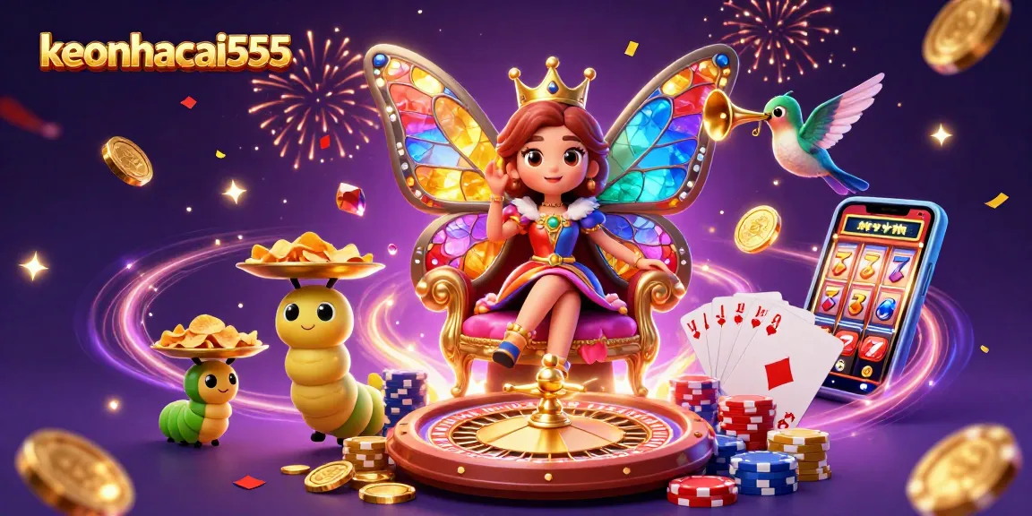 Experience excitement with keonhacai555 in a vibrant 3D casino scene featuring butterfly queen and golden chips.