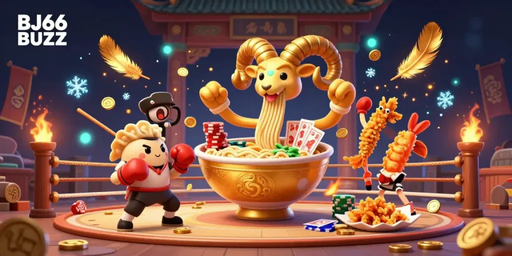 BJ66 BUZZ showcases a vibrant 3D scene of a giant golden ramen bowl dealing cards in a thrilling fighting arena.