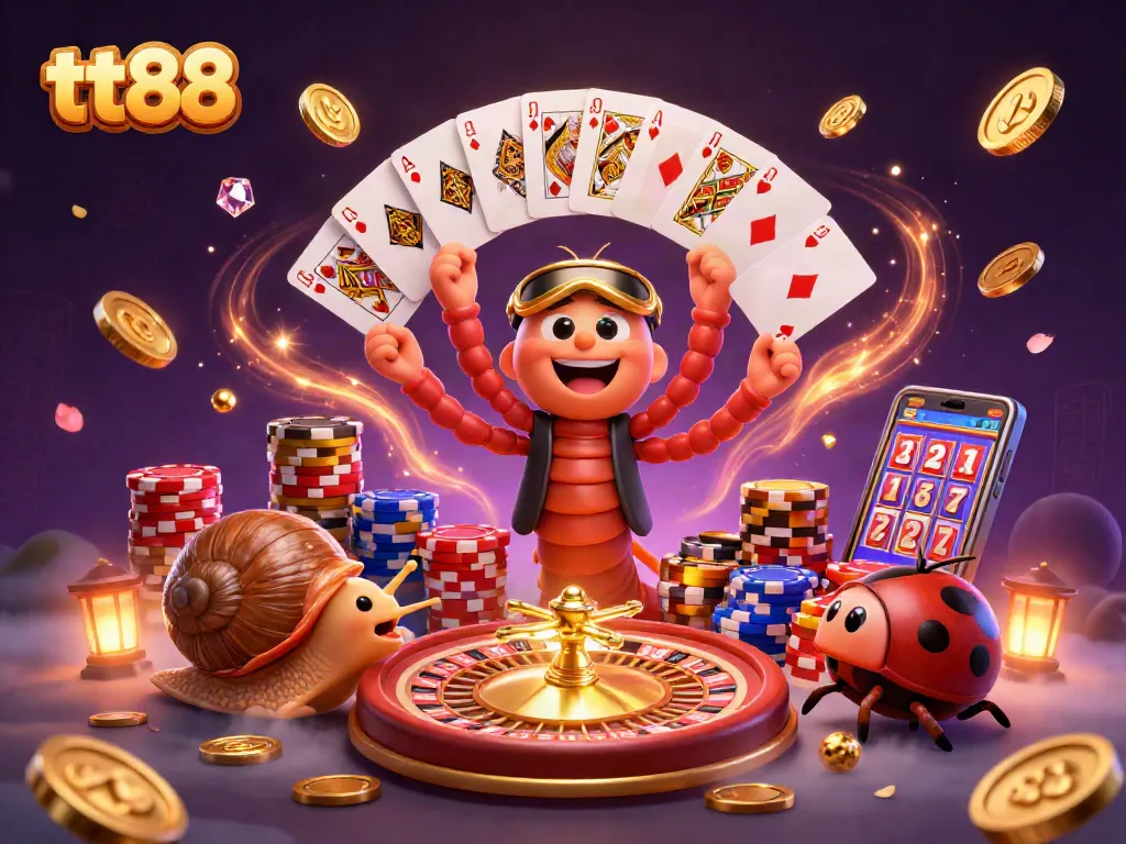tt88 Casino illustration with a millipede dealer, high-roller snail, and excitement-filled elements.