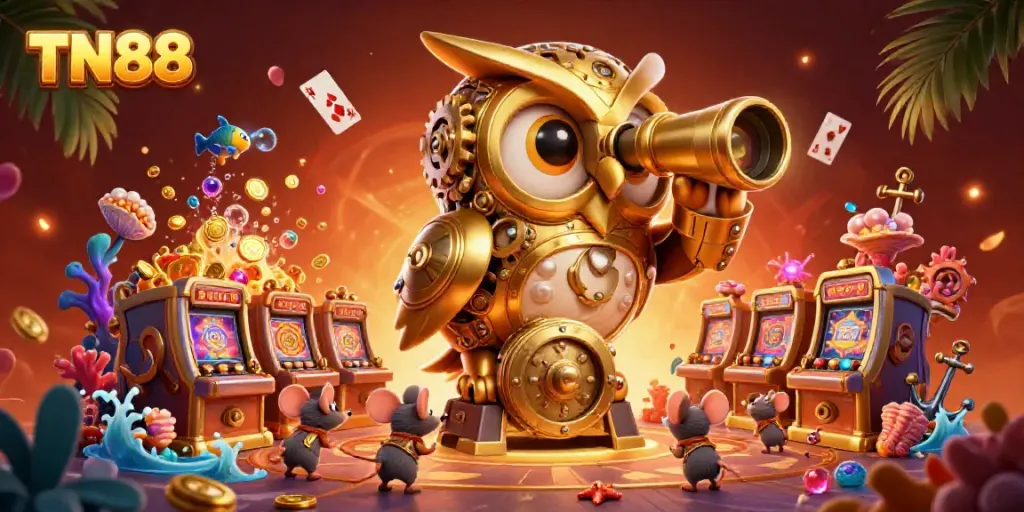 Experience the vibrant energy of TN88 with a golden owl and scurrying mice on a dynamic casino floor.