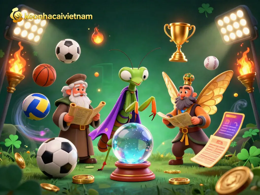 Engage with keonhacaivietnam in this vivid 3D illustration featuring fortune tellers and dynamic sports elements.